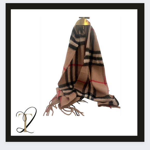 Authentic Burberry 100% Cashmere Scarf - Large Camel Check - Picture 1 of 3